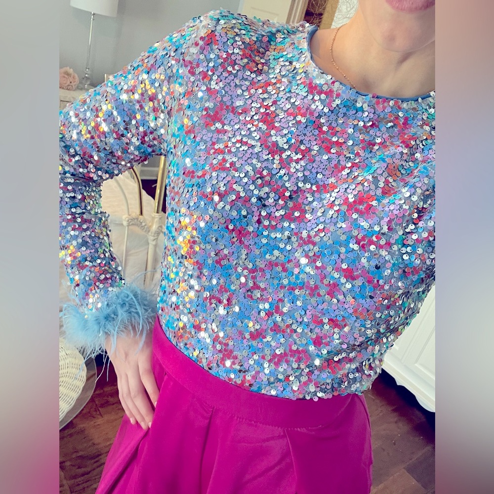 Pink Blue & Silver Sequin Bodysuit with Fur | Taylor Swift | Eras Tour